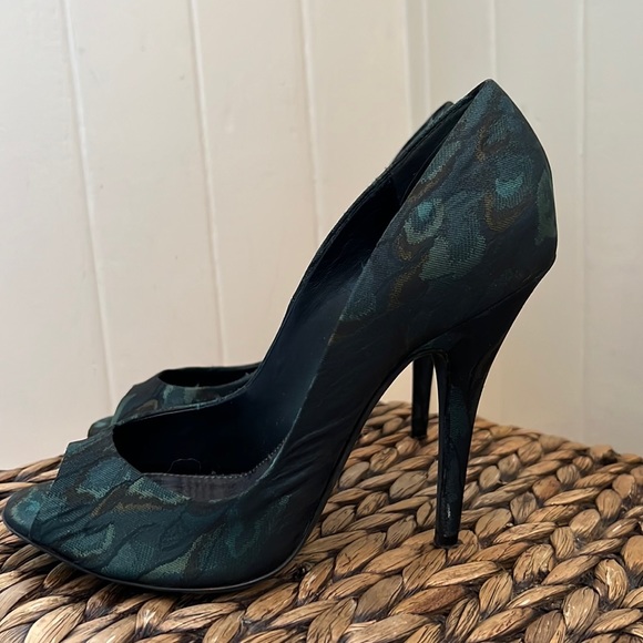 Donna Karan Collection Monarch Teal Green Silk Jacquard Peep Toe Heels Like New - Picture 7 of 15